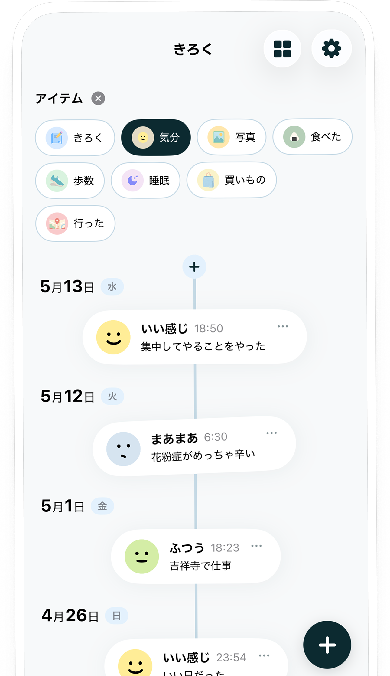 きろくアイテムごとに振り返れるタイムライン